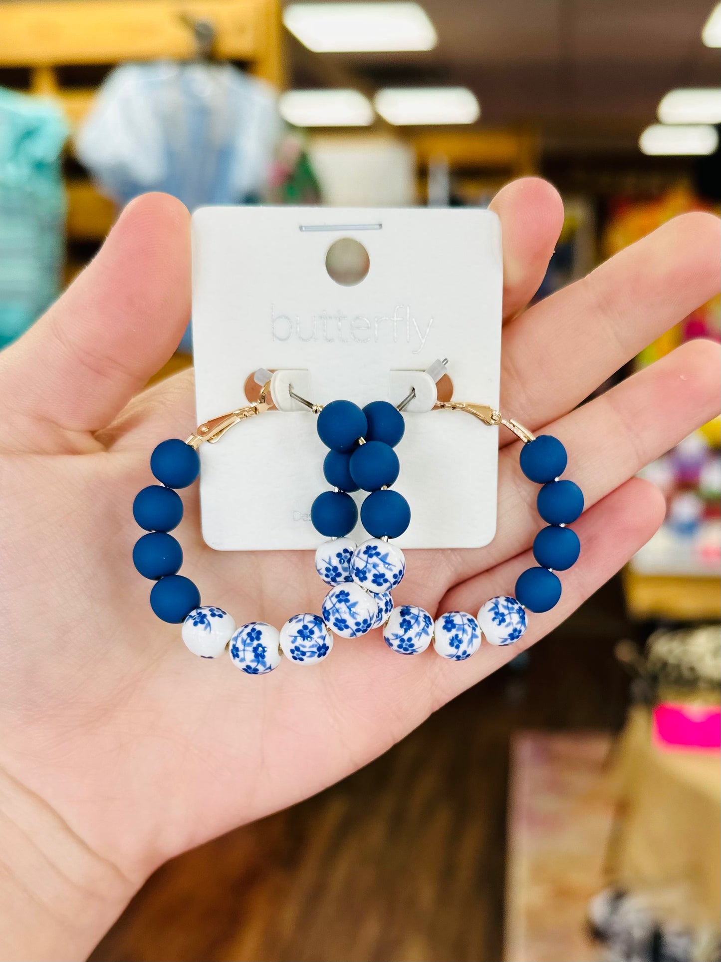 Navy and Blue Floral Beaded Hoop Earrings