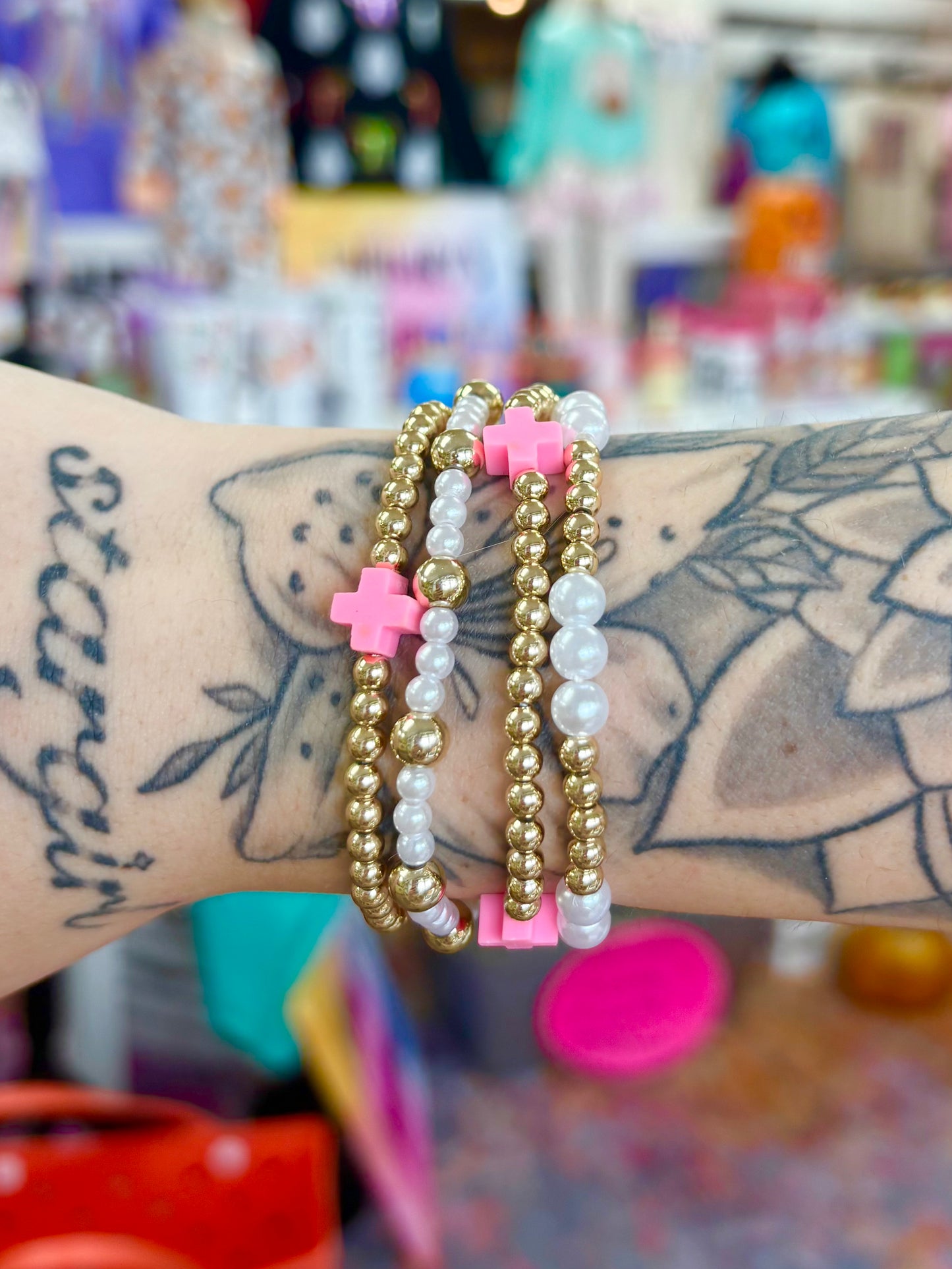KK Gold & Pearl Pink Cross Bracelet Set