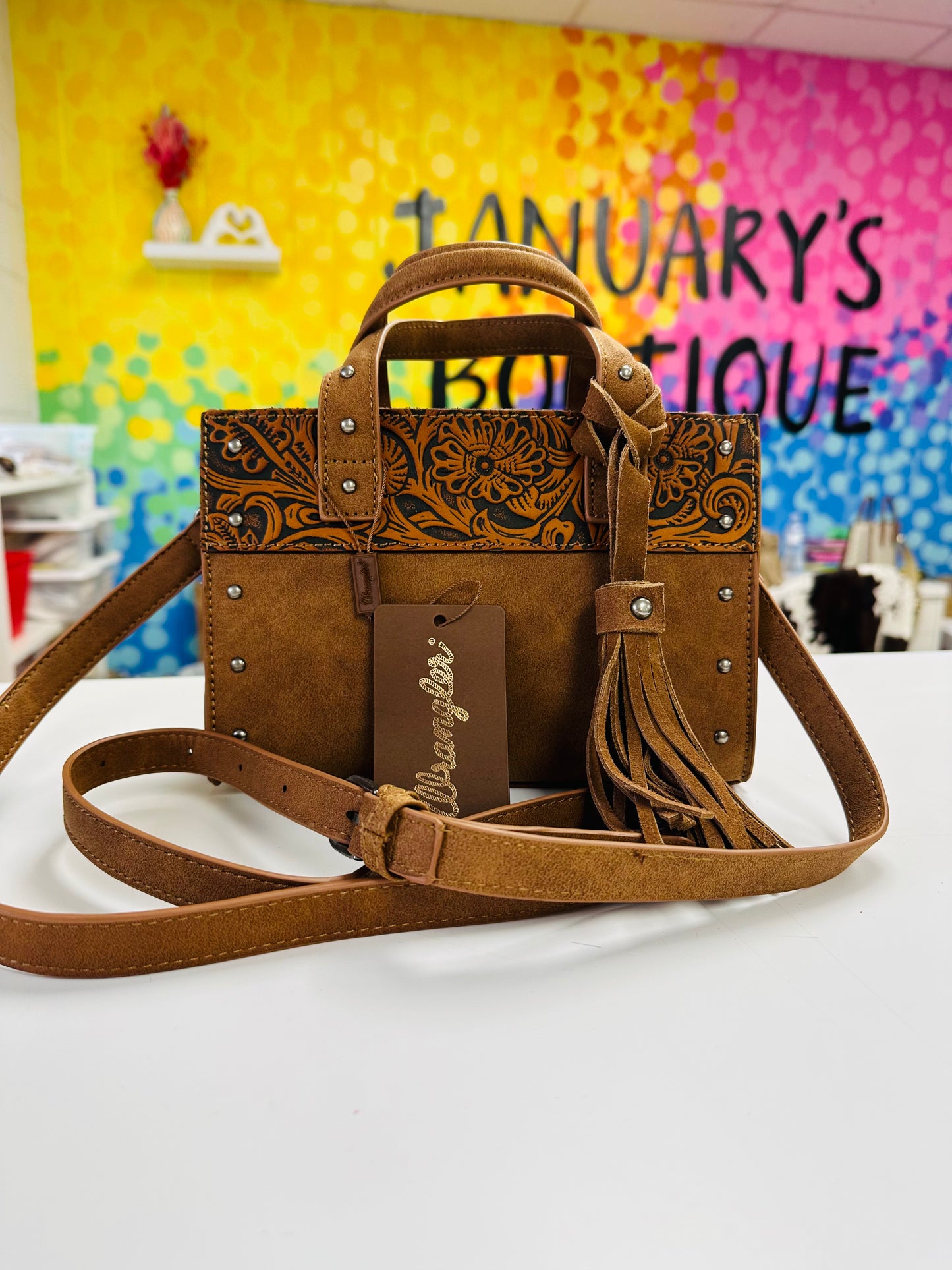 Wrangler Brown Tooled Tote Crossbody Bag