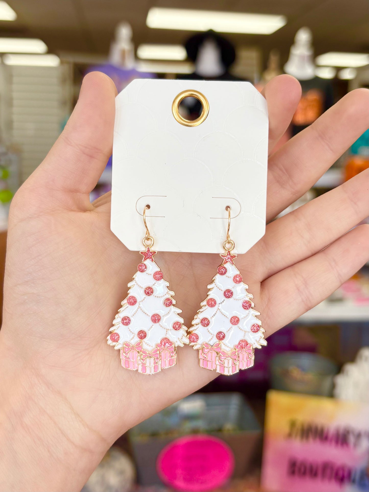 KK Pink Metal Presents Tree Earrings