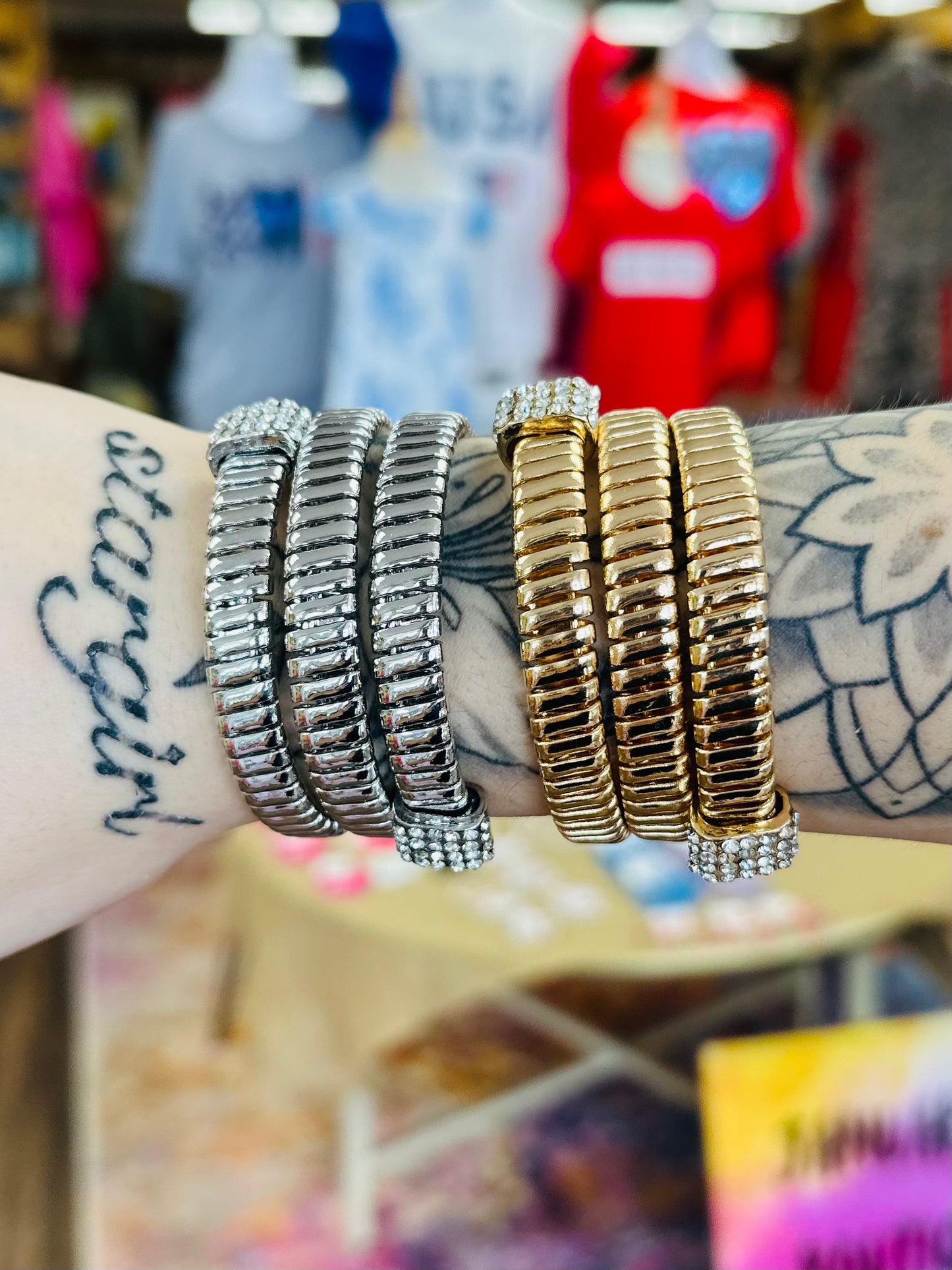 Metal Wrap Around Bangle W/ Rhinestones