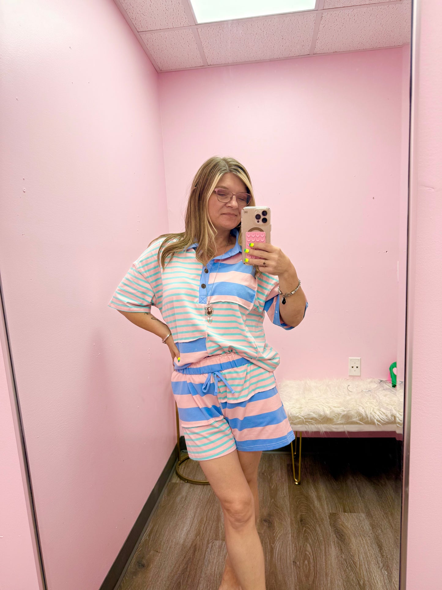 Women’s Blue & Pink Striped Shorts Set