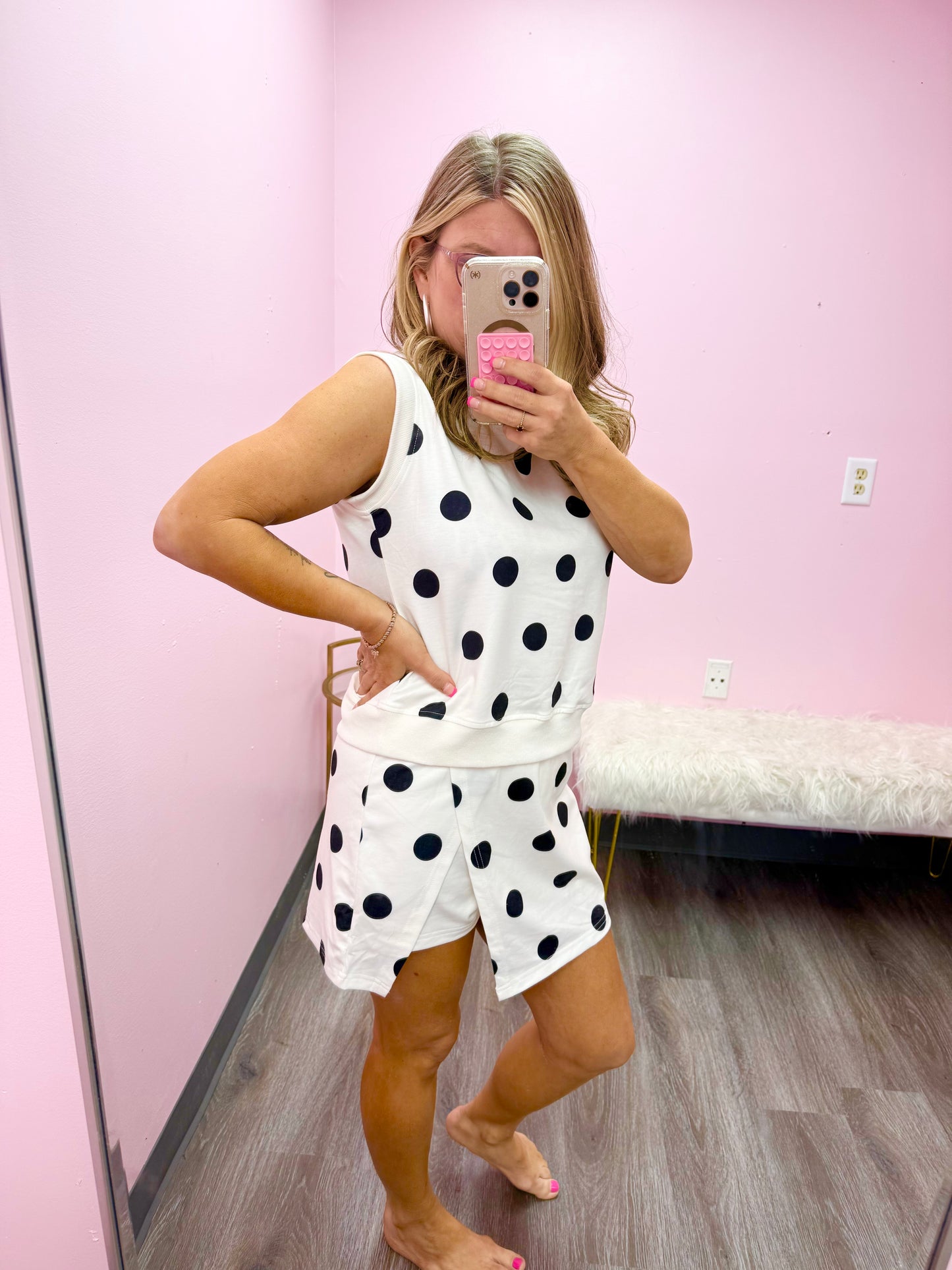 Women’s White & Black Polka Dot Skort Set