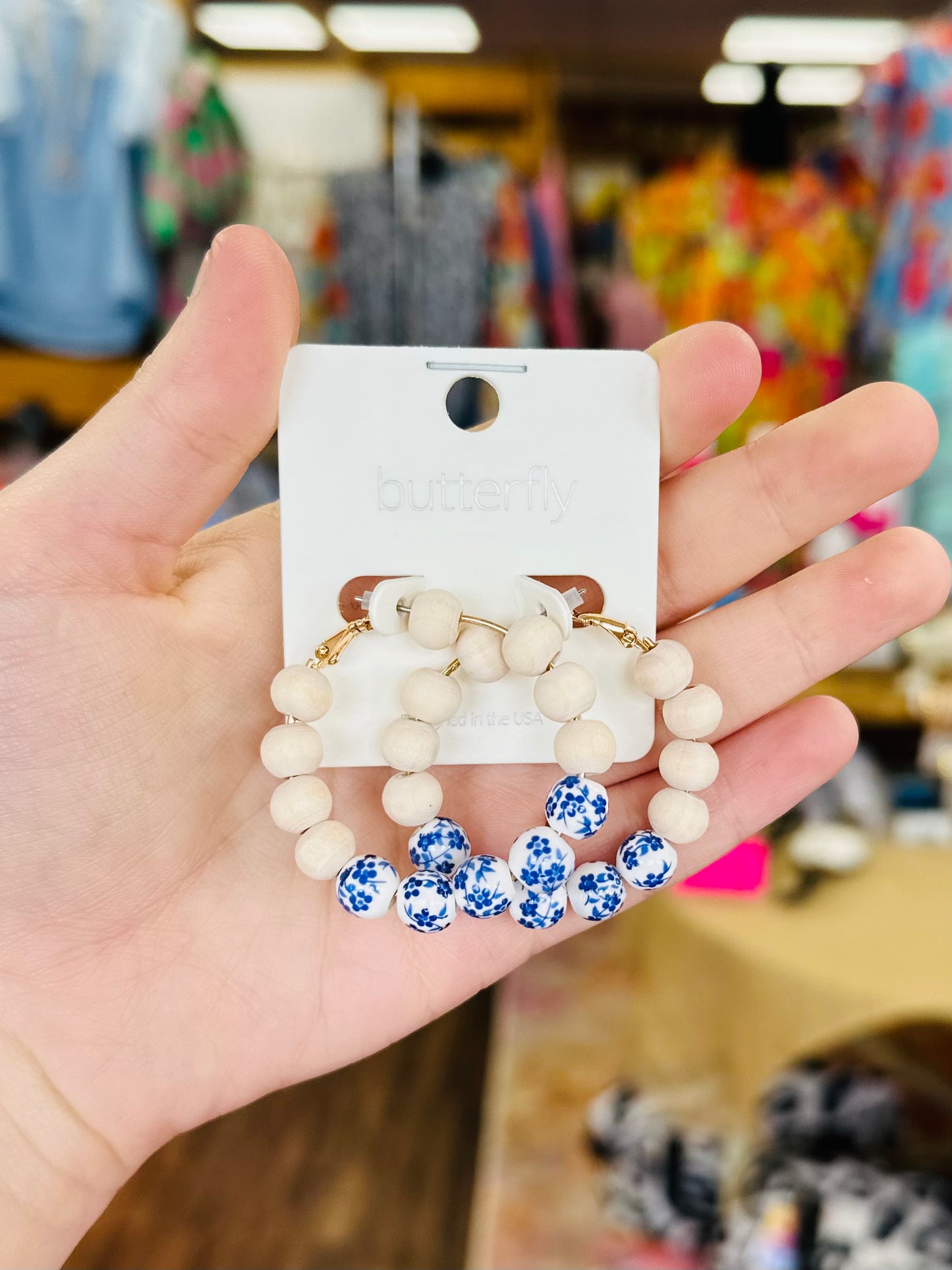 Wooden and Blue Floral Beaded Hoop Earrings