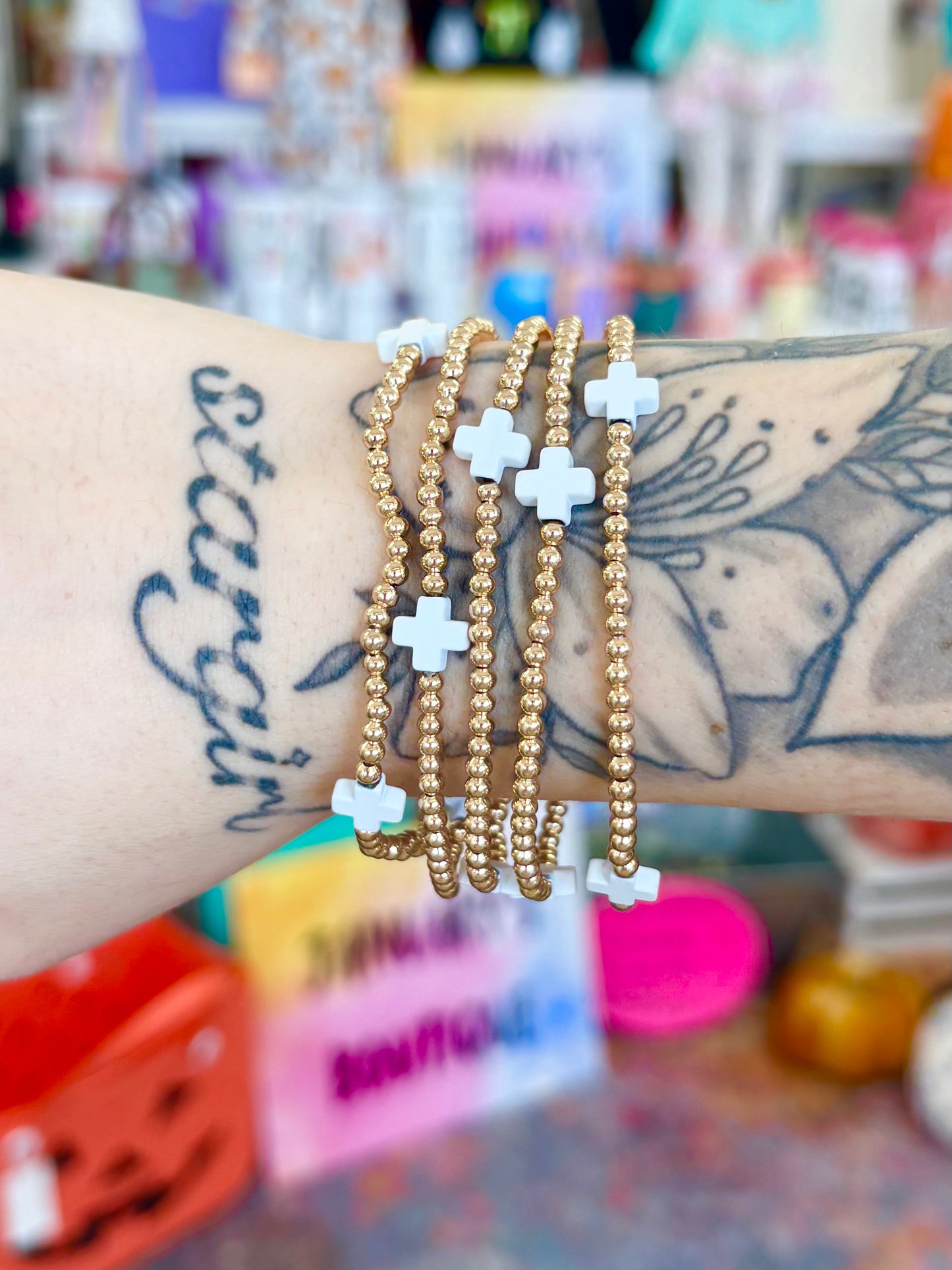 KK Gold Beaded White Cross Accent Bracelet Set