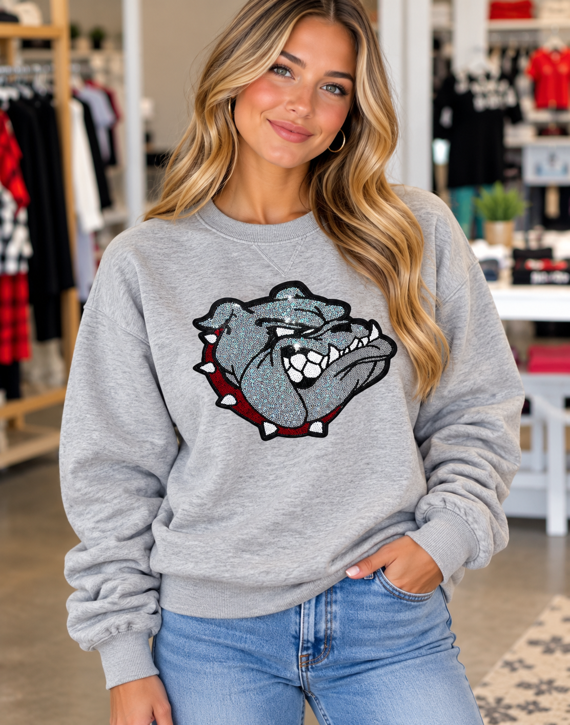 Women’s Sequin Bulldog Patch Grey Sweatshirt