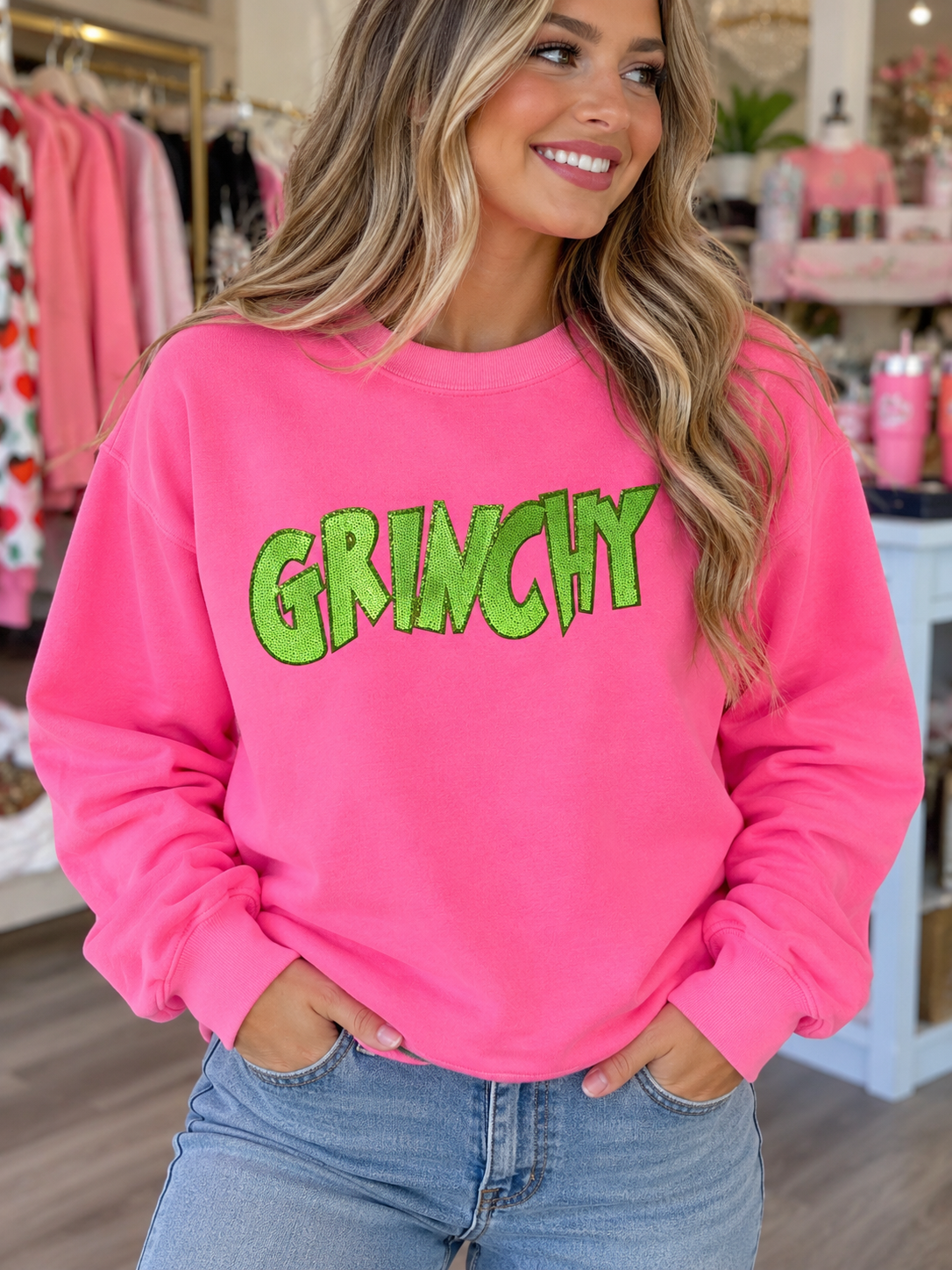 Women’s Pink GRINCHY Sequin Sweatshirt