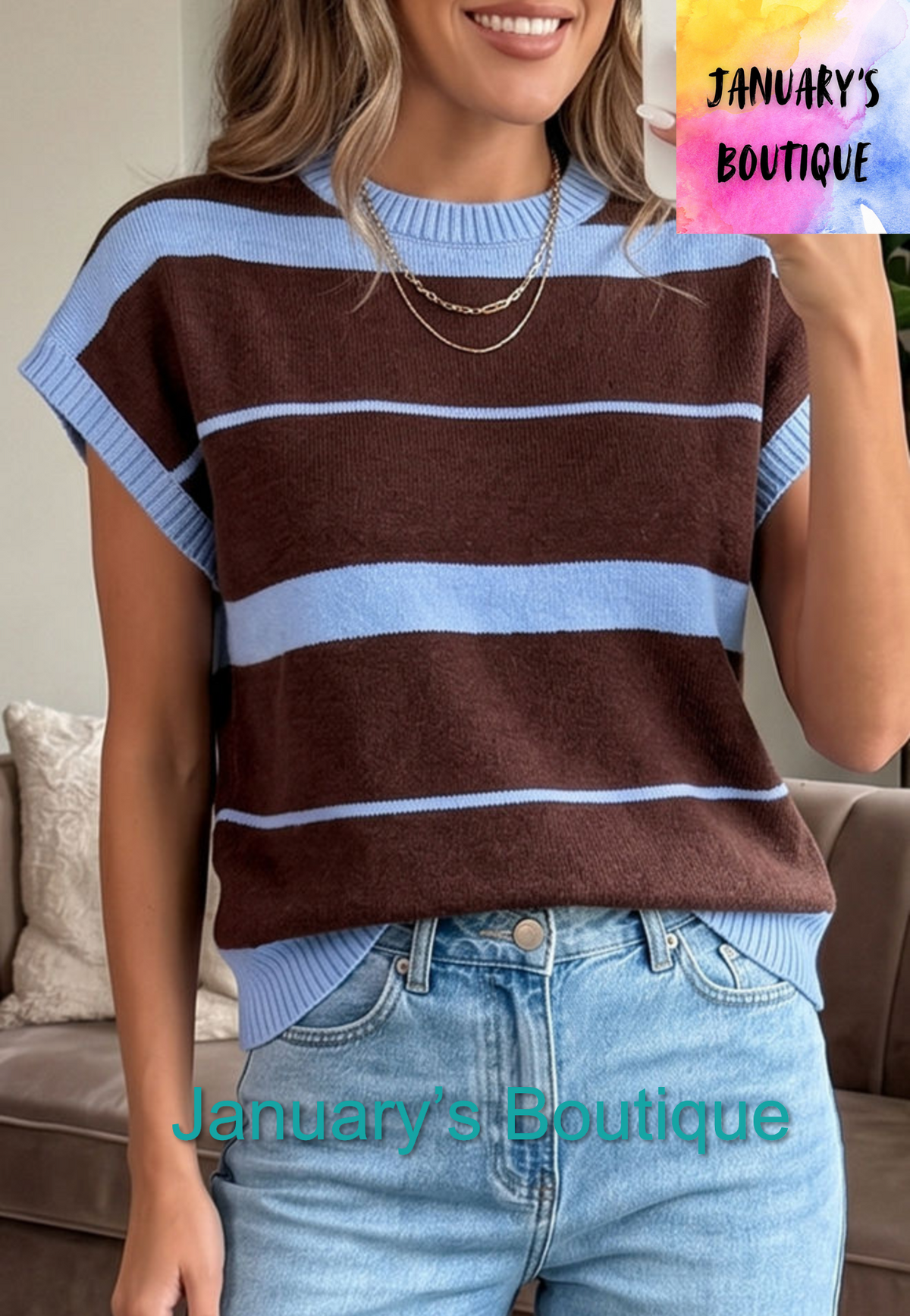 Women’s Periwinkle & Brown Striped Sweater