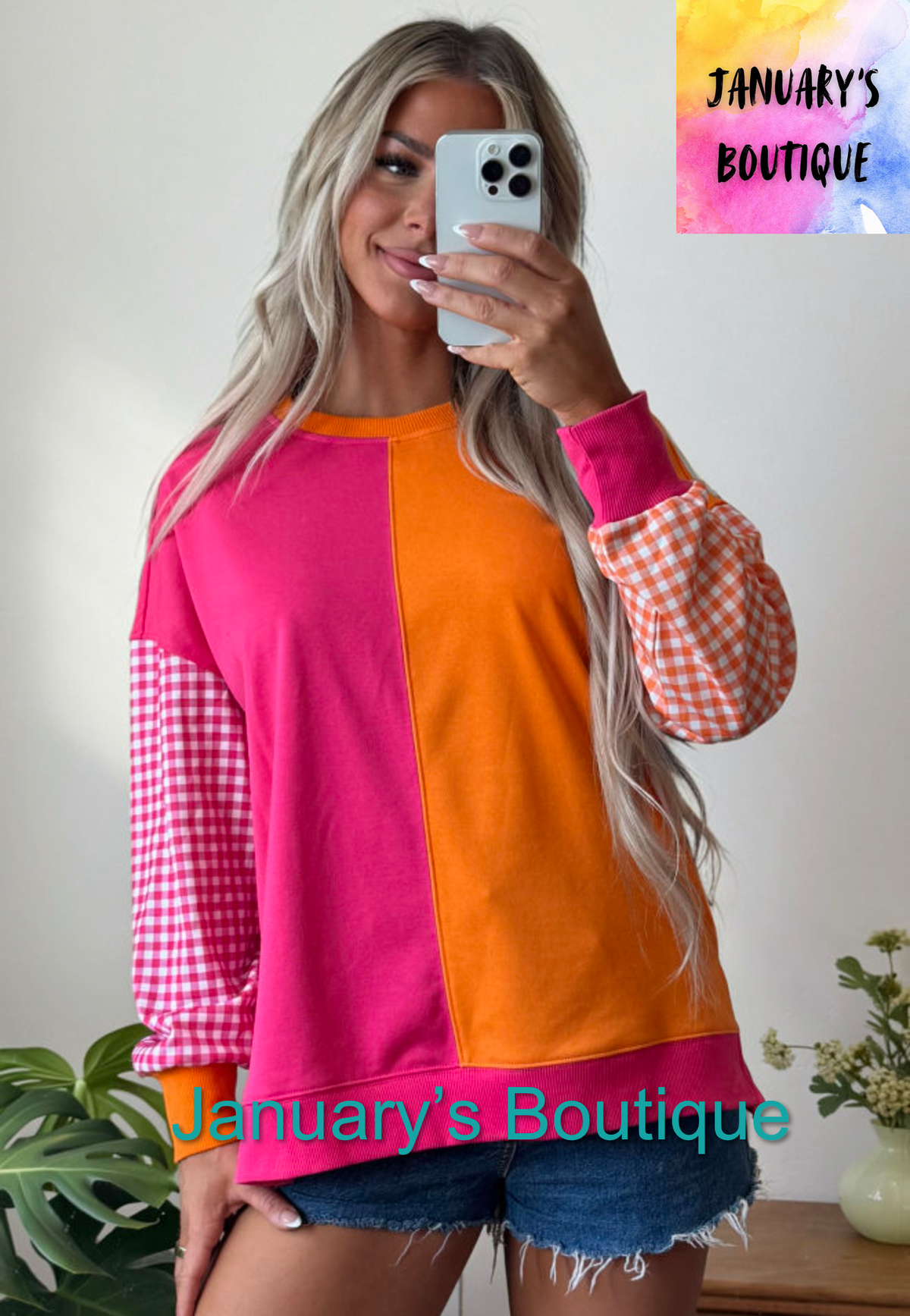 Women’s Pink & Orange Split Gingham Top