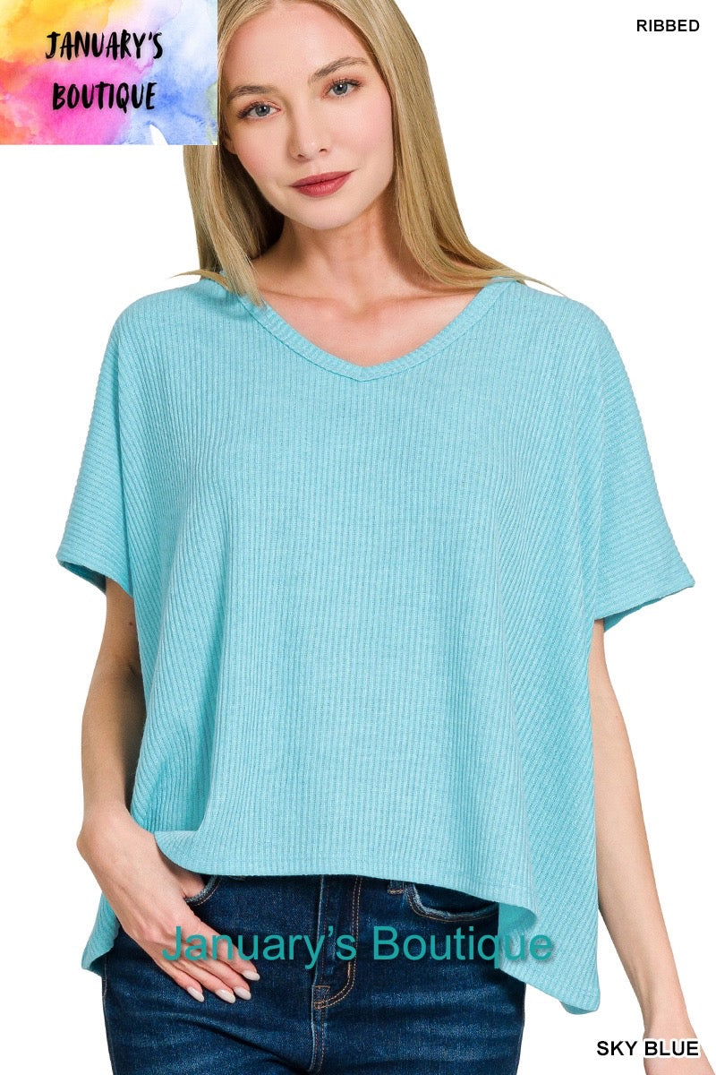 Women's Ribbed V-neck Short Sleeve Sky Blue Sweater