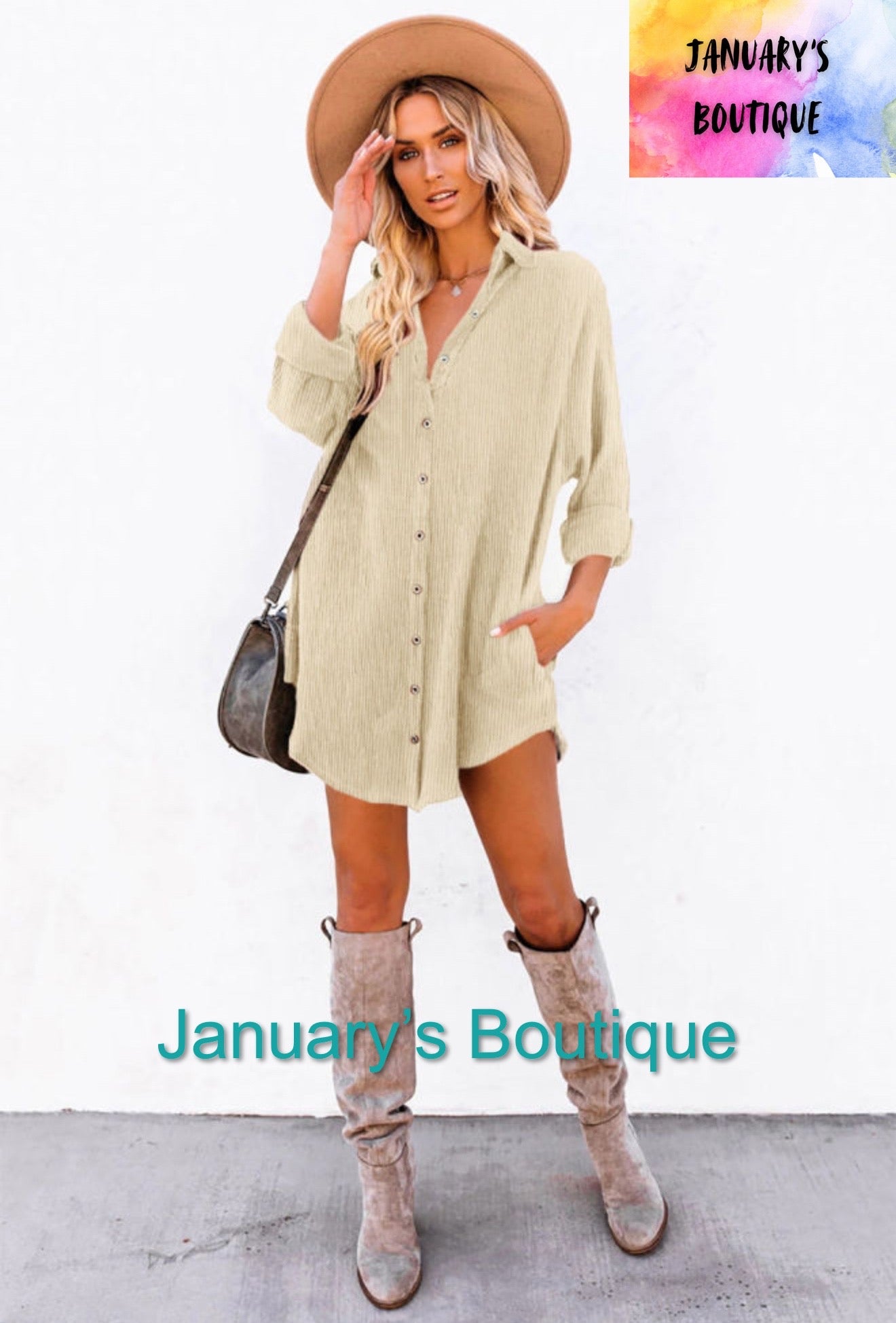 Women’s Beige Corduroy Shift Mini Dress