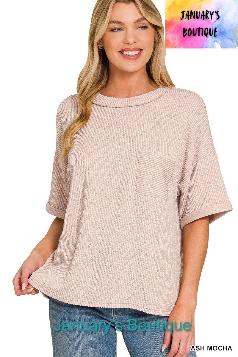 Women’s Ash Mocha Ribbed Folded Sleeve Top