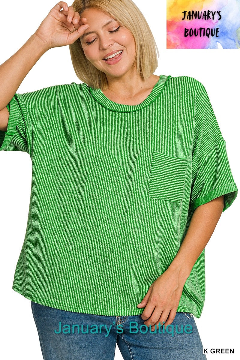 Women’s Plus Ribbed Kelly Green Folded Sleeve Top