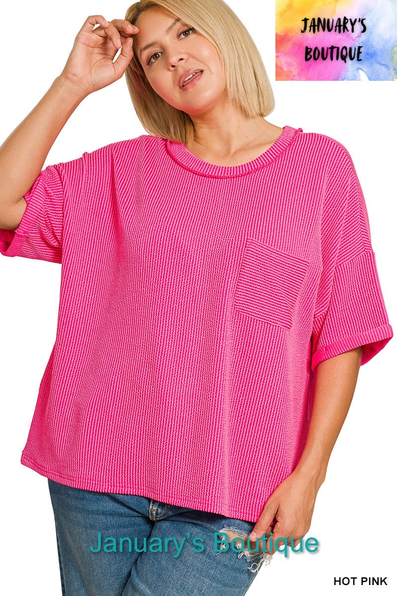 Women’s Plus Ribbed Folded Sleeve Hot Pink Top
