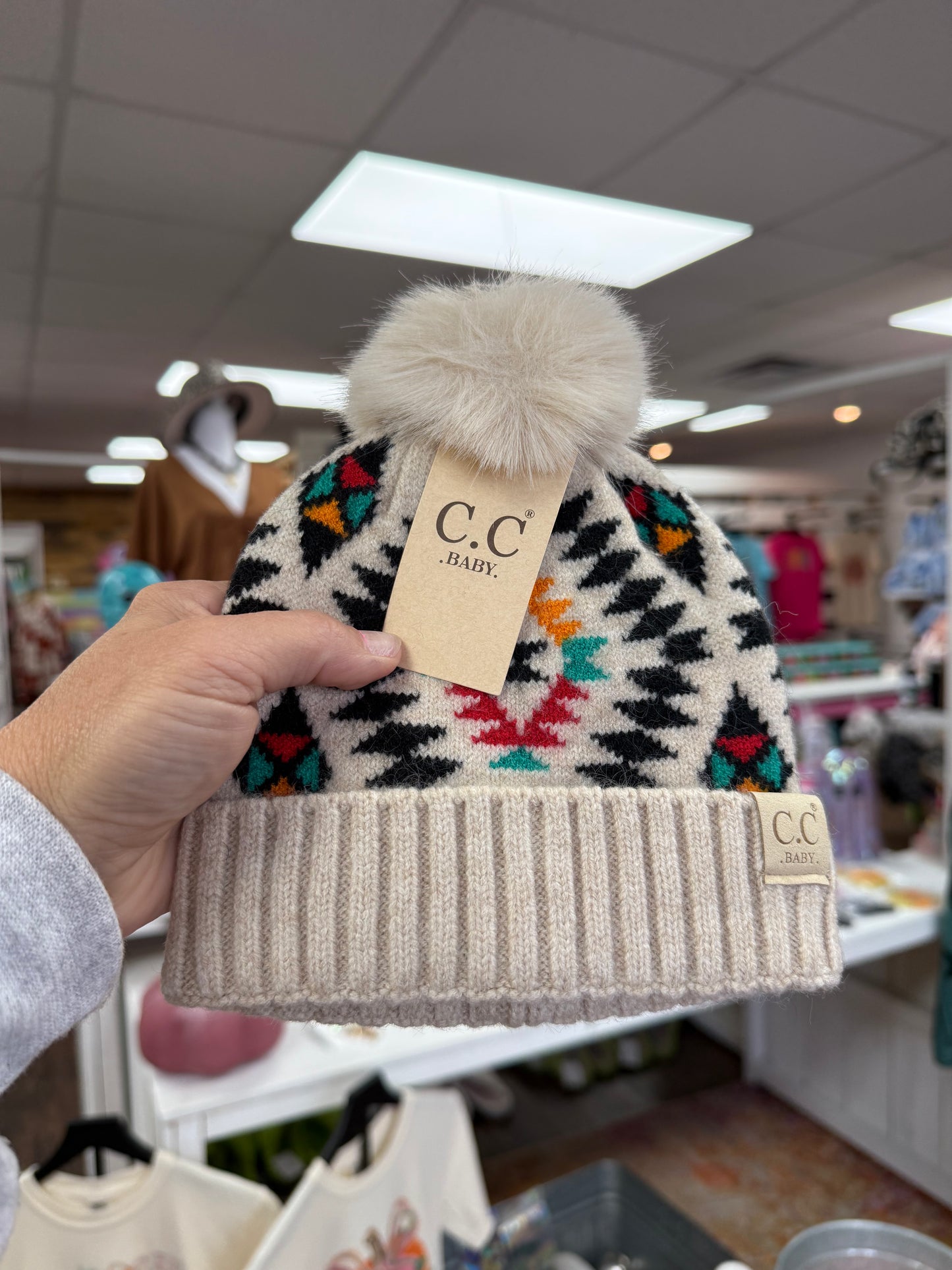 Baby Beige Aztec Pom Pom Beanie