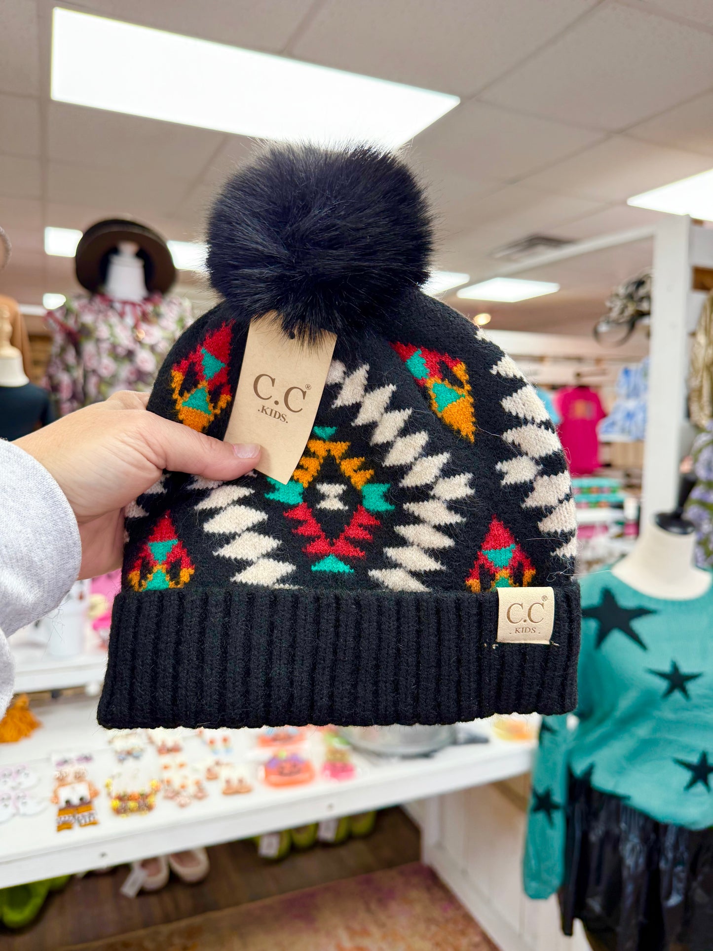 Kids Black Aztec Pom Pom Beanie