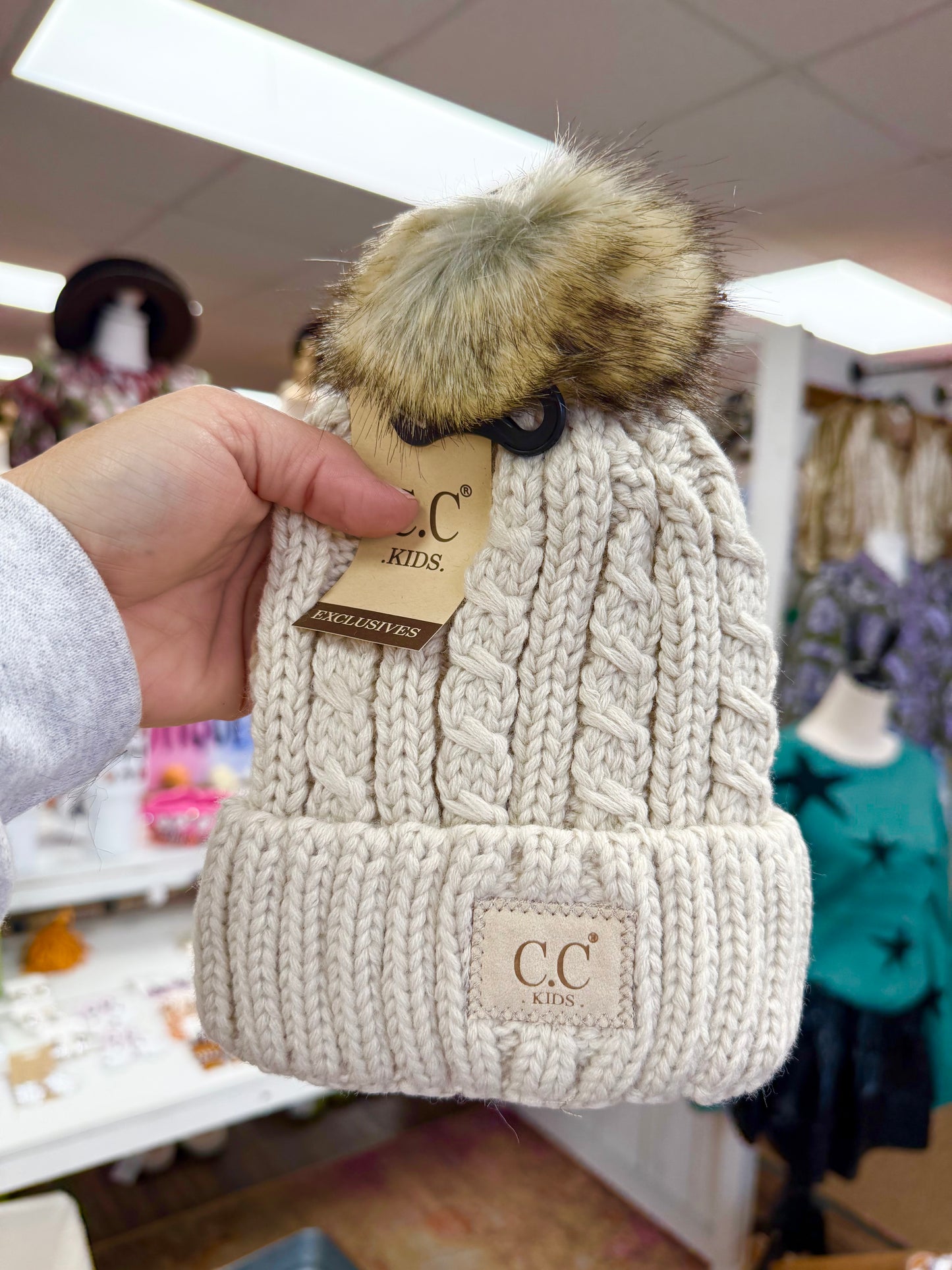 Kids Beige Cable Ribbed Beanie