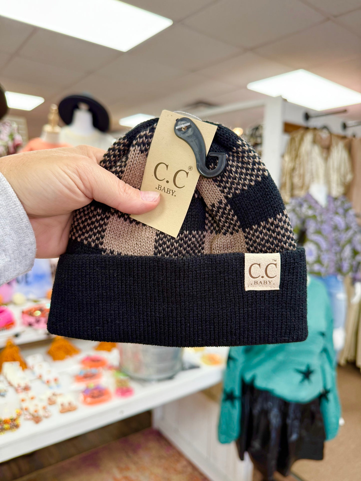 Baby Black/Taupe Plaid Cuff Beanie