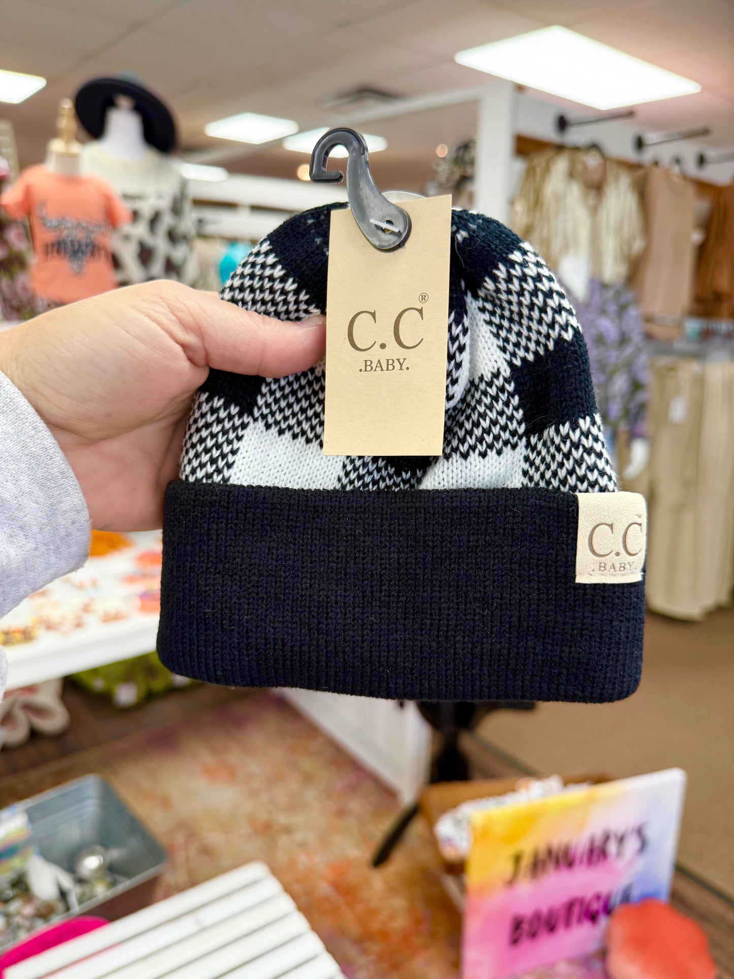 Baby Black/White Plaid Cuff Beanie