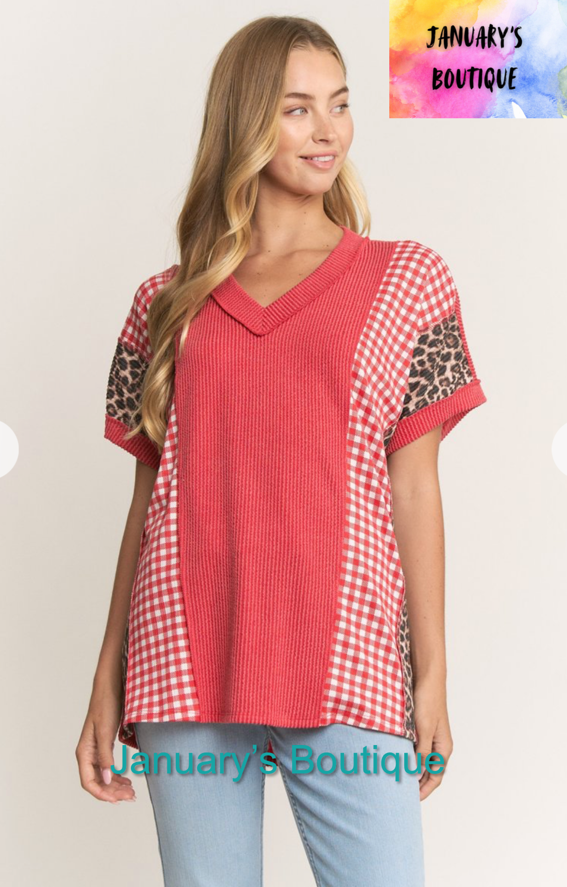 Women’s Red & Leopard Color Block Ribbed Top