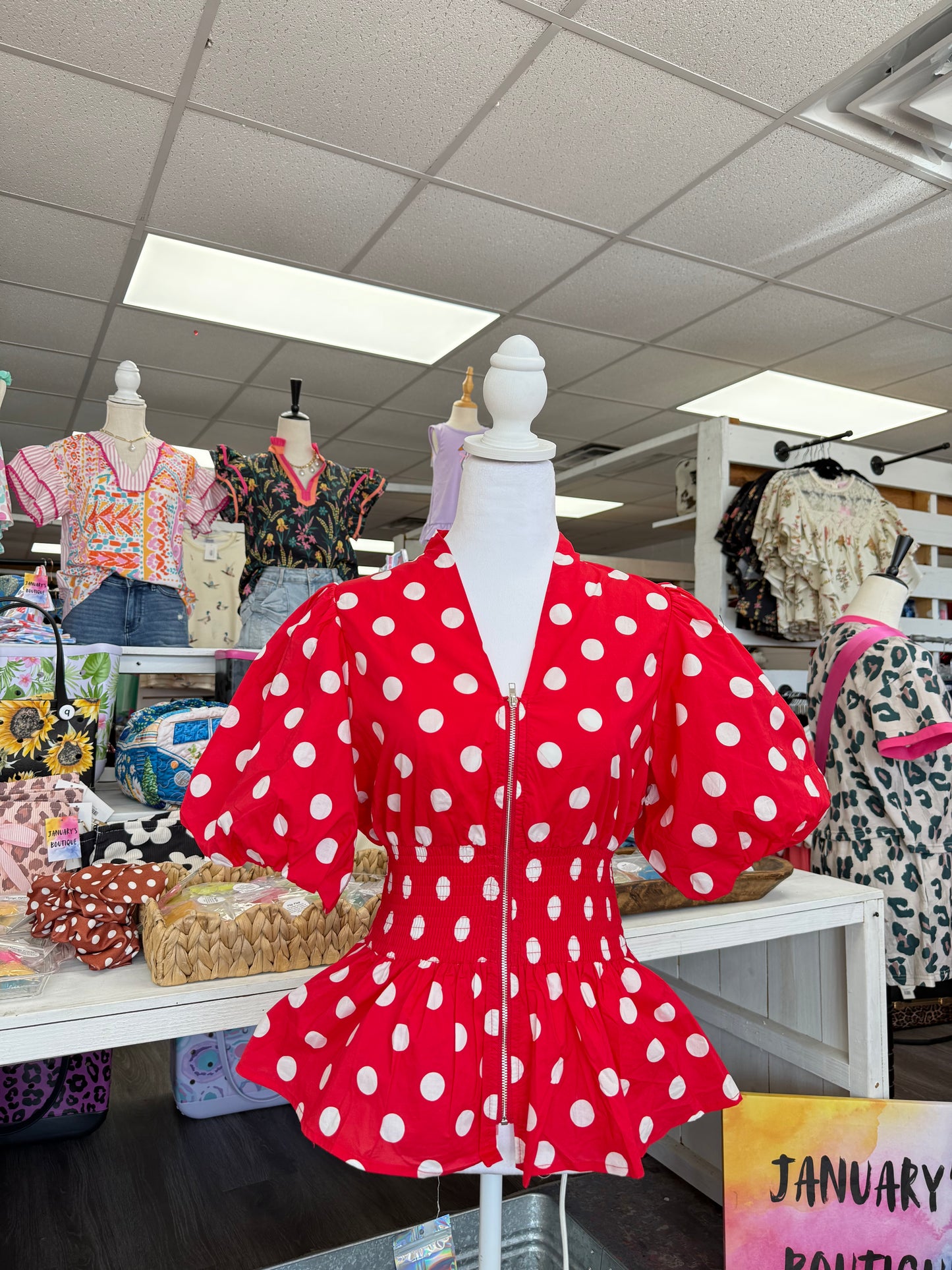 Women’s Red Polka Dot Cinched Waist Top