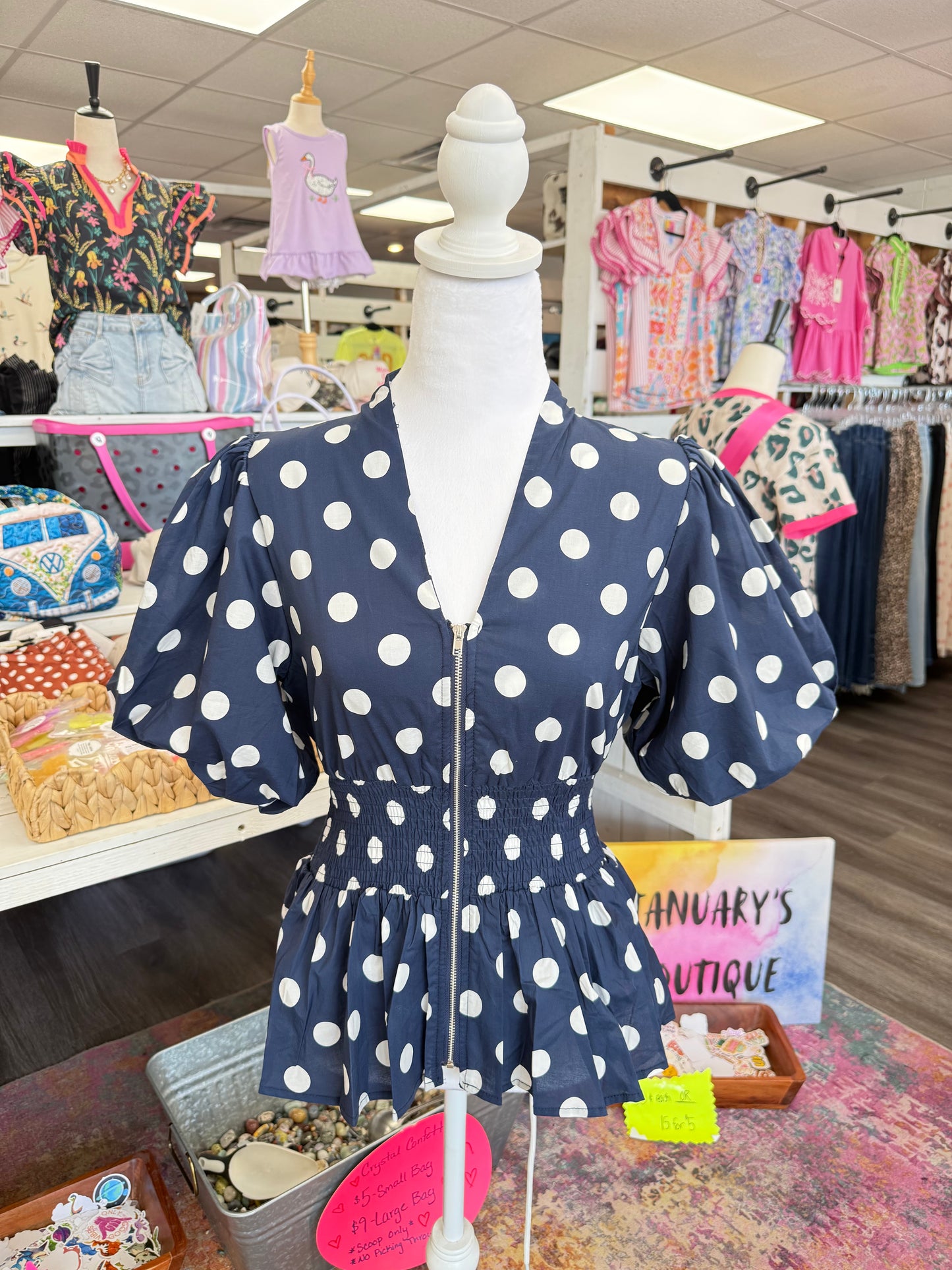Women’s Navy Polka Dot Cinch Waist Top