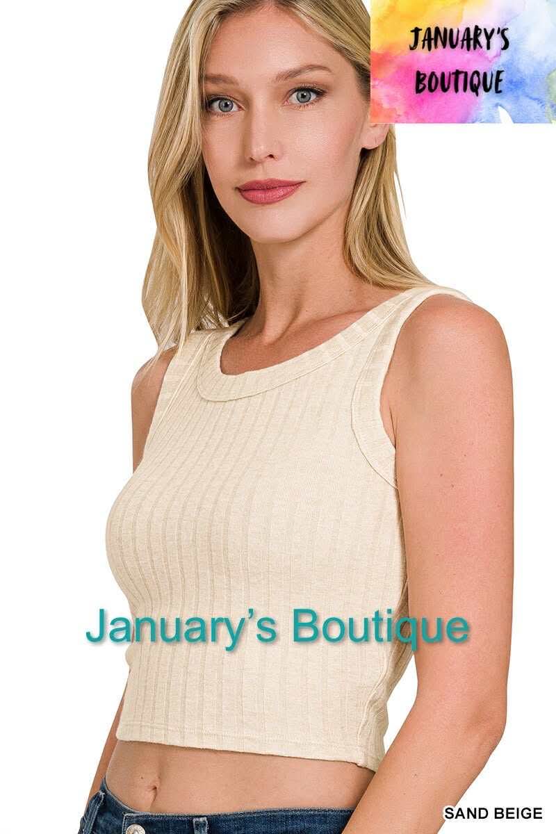 Women's Sand Beige Ribbed Cropped Sleeveless Top