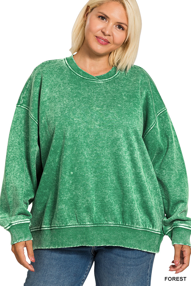 Women’s Plus Acid Washed Dark Green Pullover