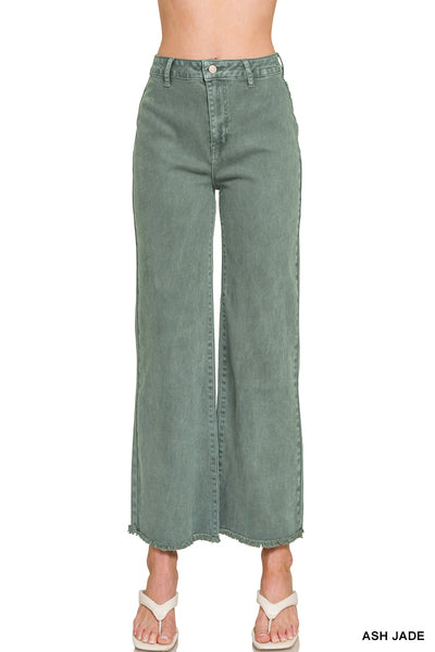 Women’s Ash Jade Acid Washed Frayed Cutoff Hem Straight Wide Pants