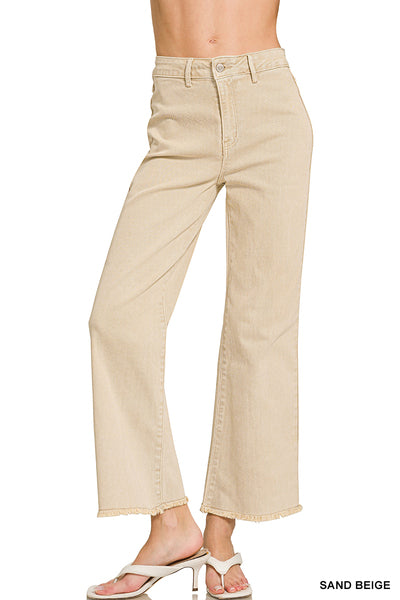 Women’s Plus Sand Beige Acid Washed Frayed Cutoff Hem Straight Wide Pants