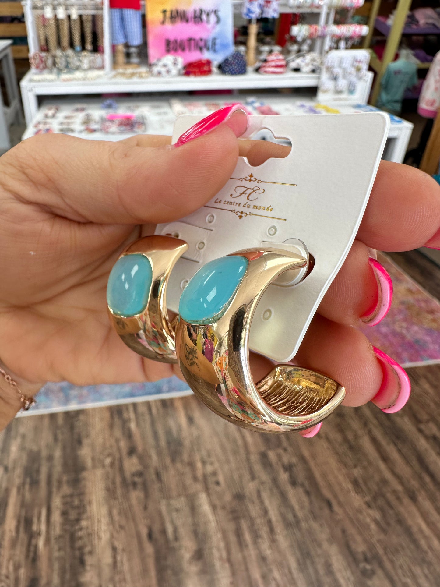 Women’s Gold Hoops With Blue Square Stone Earrings