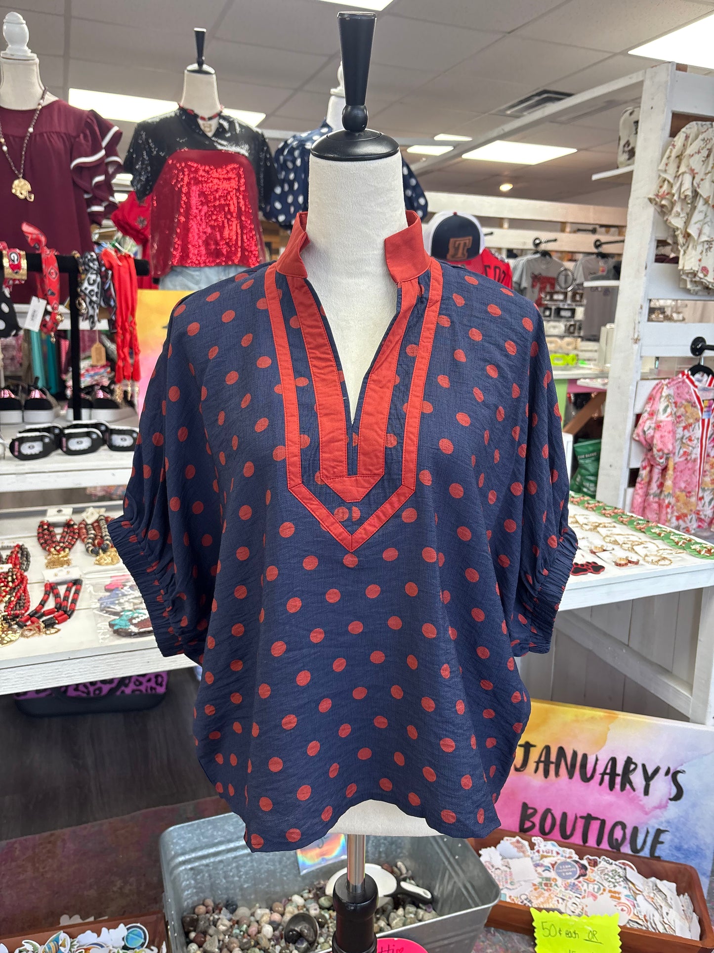 Women’s Entro Red & Navy Polka Dot Top