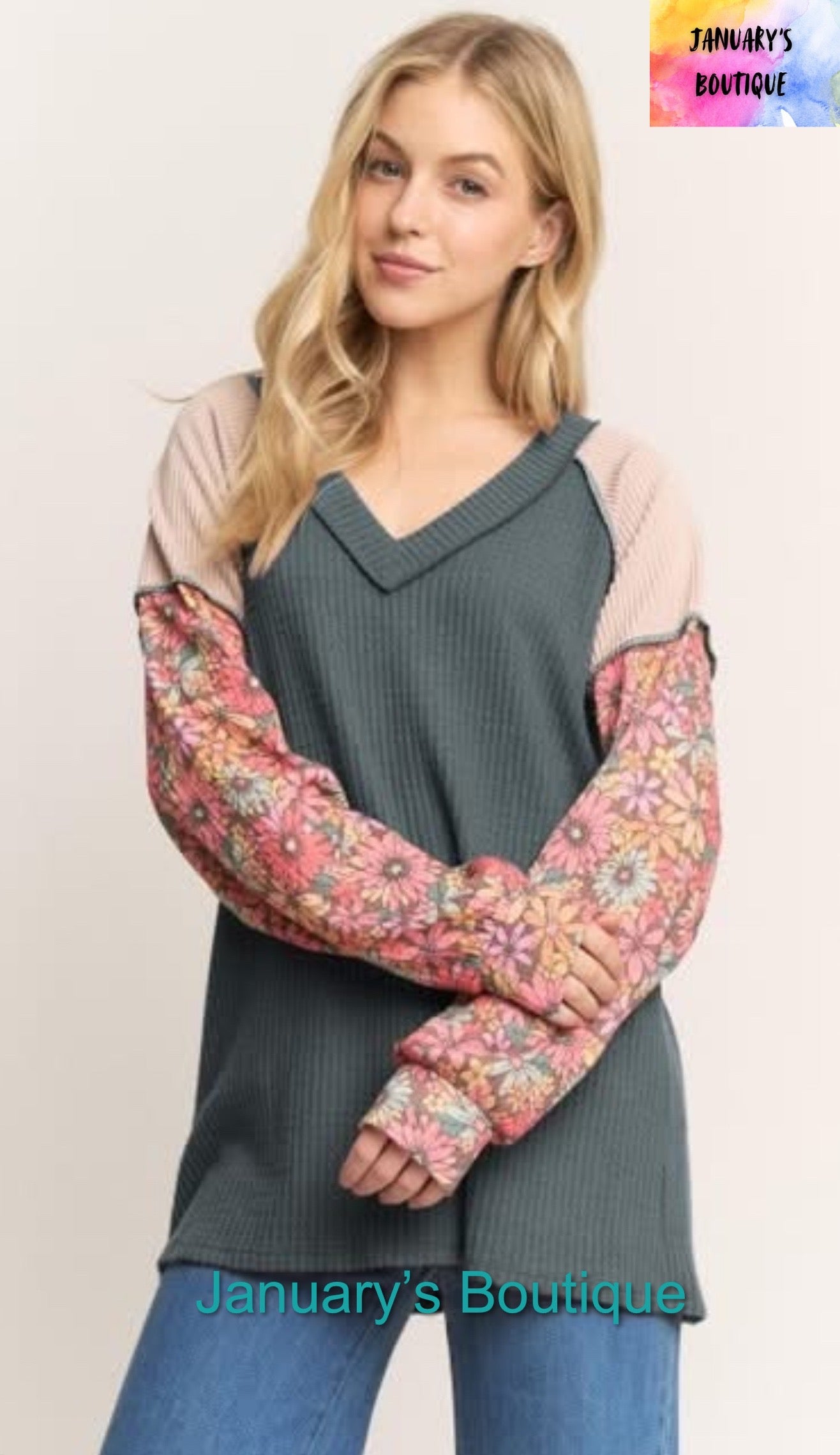 Women’s Plus Floral & Dusty Teal Top