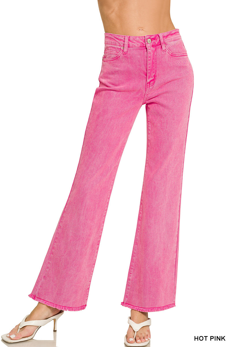 Women’s Hot Pink Acid Washed Frayed Hem Pants