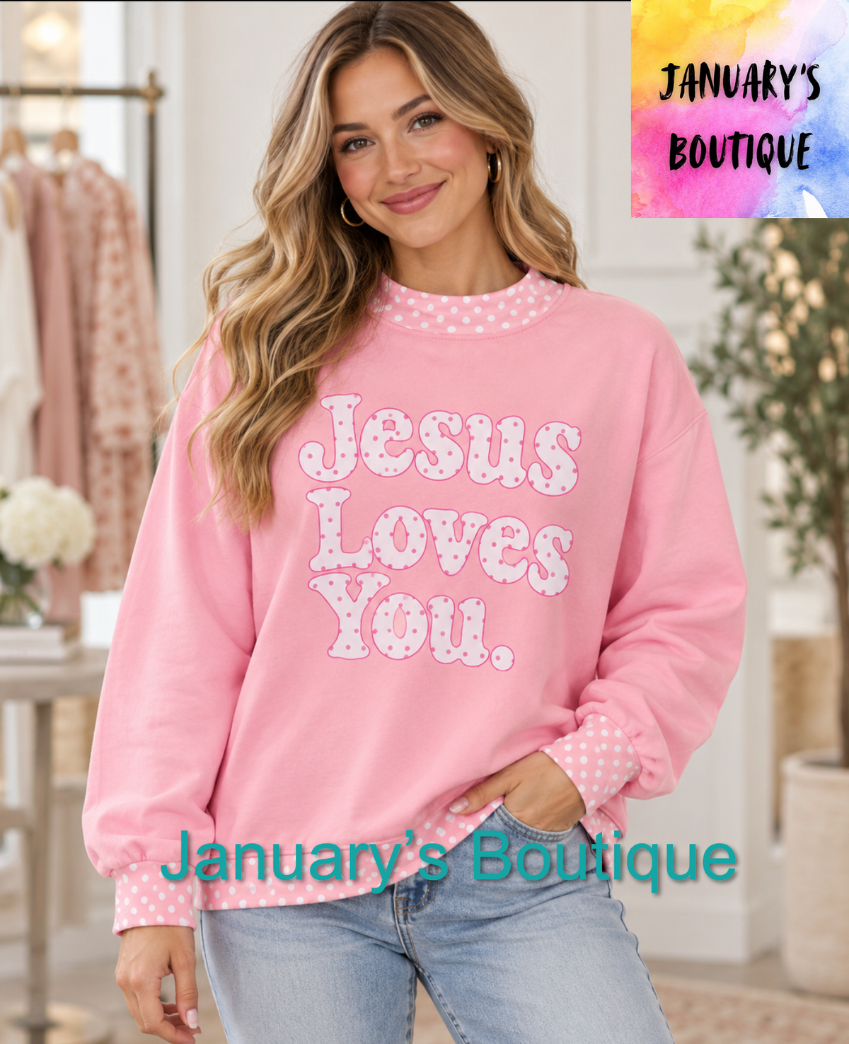 Women’s Mock Neck Pink Jesus Loves You Shirt