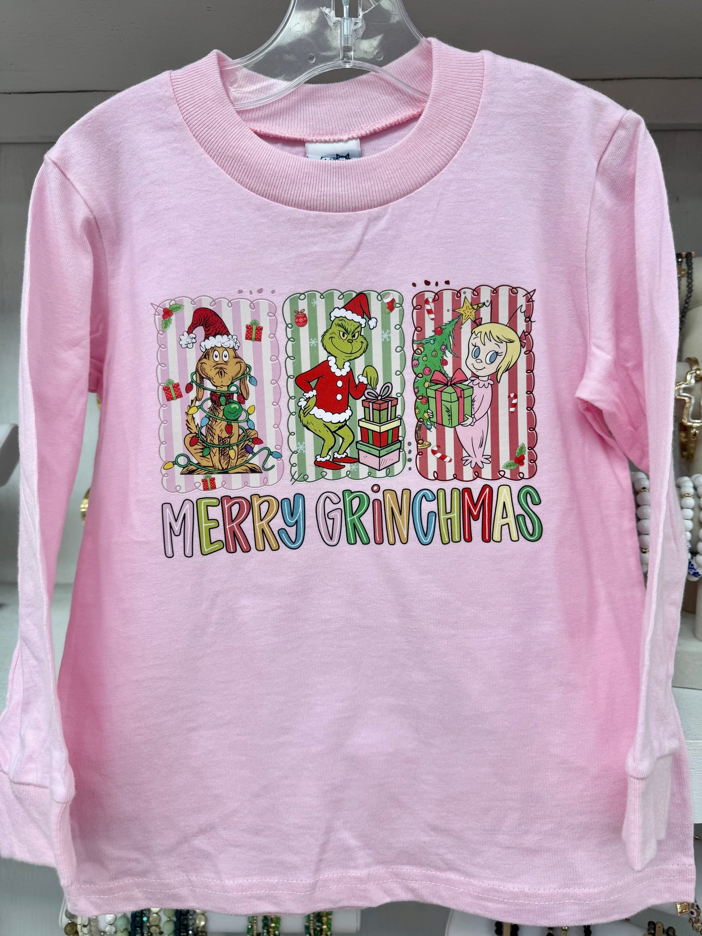 Girl’s Pink Gr*nch Merry Christmas L/S Top