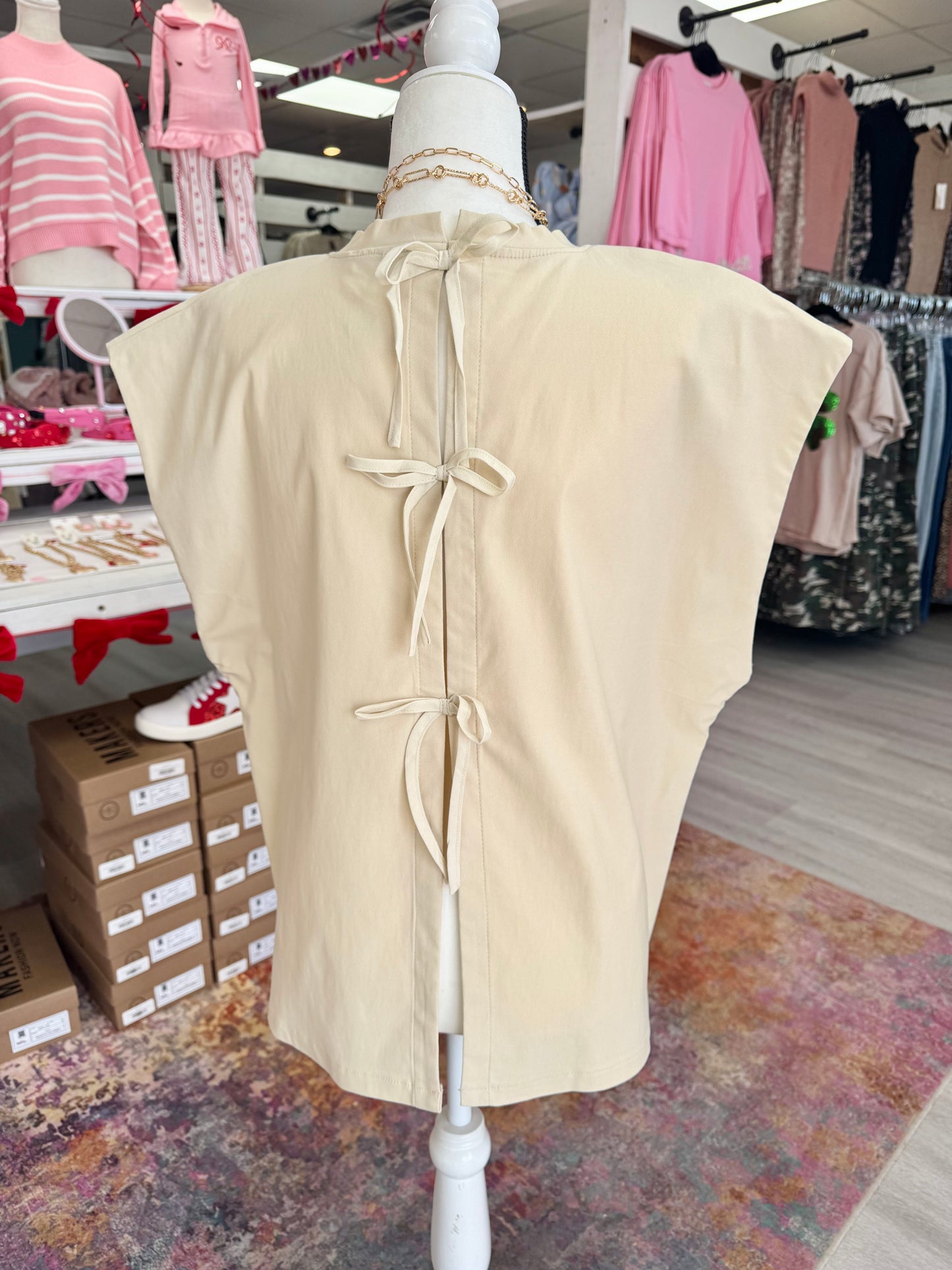 Women's Cream Tied Back Cap Sleeve Top