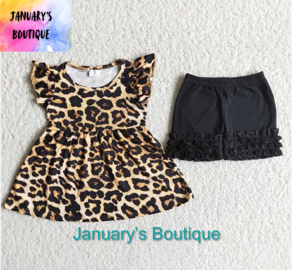 Girl's Leopard Black Ruffled Shorts Set