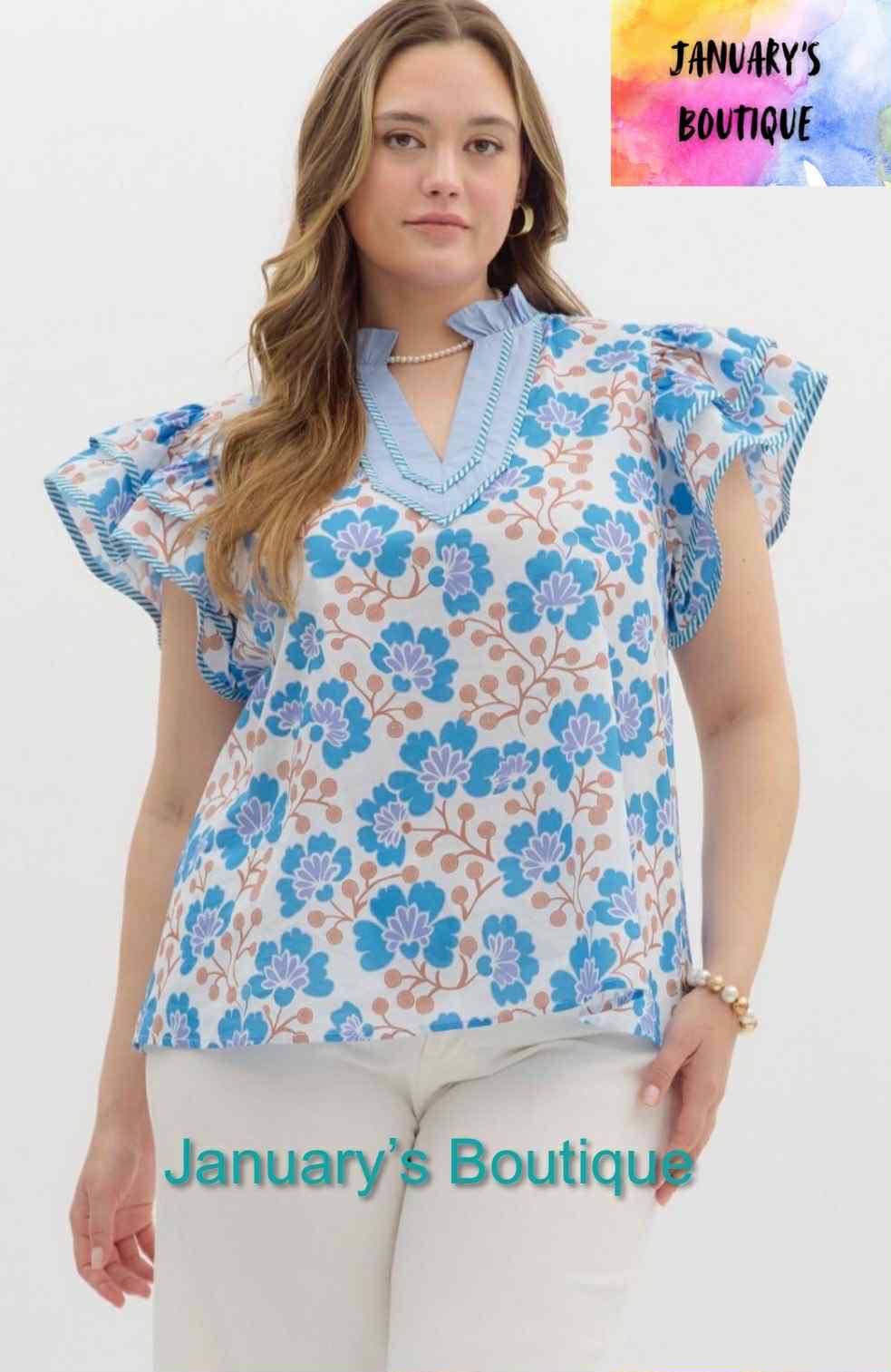 Women's Plus Entro Blue Floral Striped Top