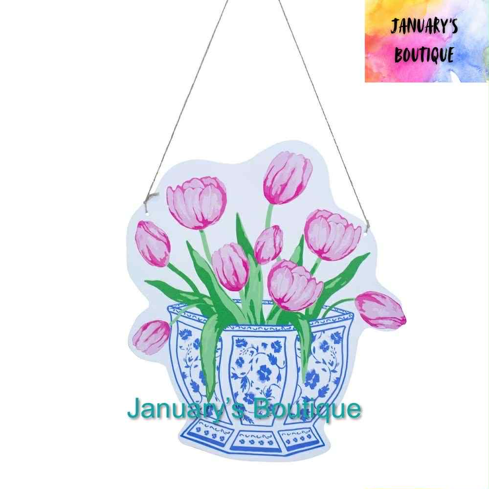 Chinoiserie Tulip Door Hanger Blue/White/Pink 19.75x16.3