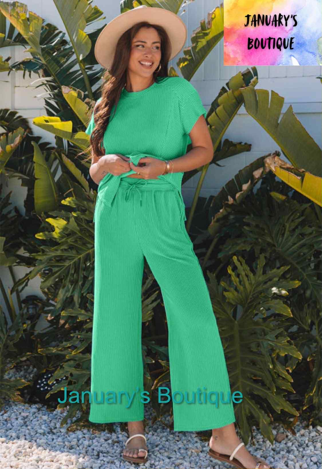 Women's Green Ribbed Pants Set