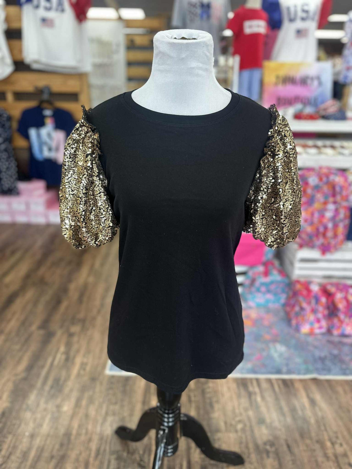 Women's Gold Sequin Sleeve Black Top