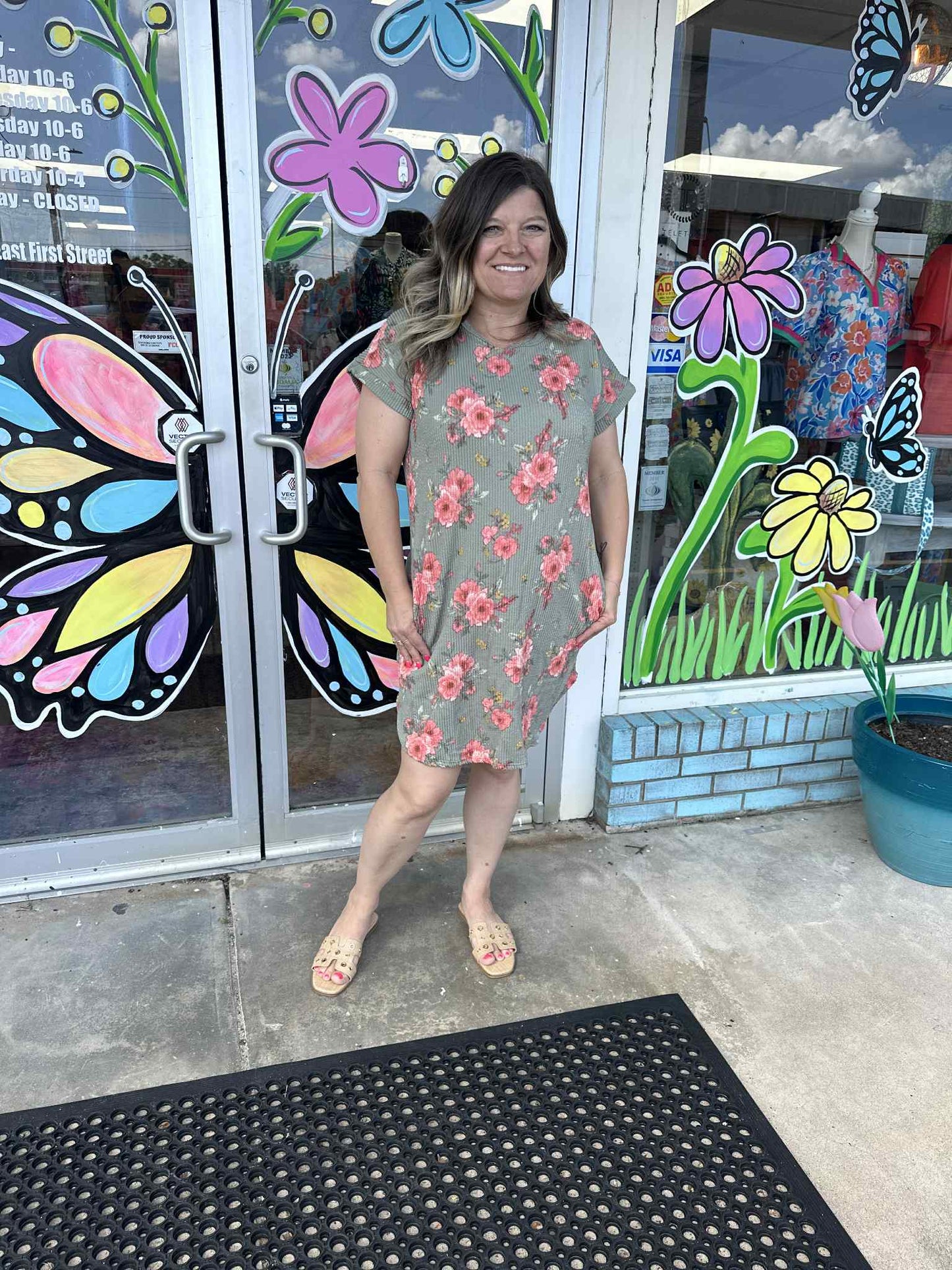 Women's Olive Floral Ribbed Dress