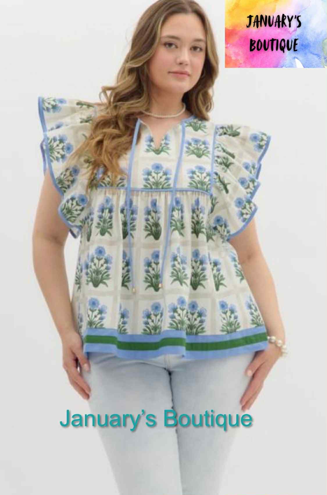 Women's Entro Plus Blue Floral Top