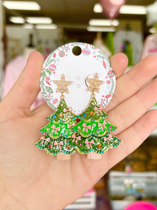 Green Bow Rhinestone/Pearl Decorative Tree Earring