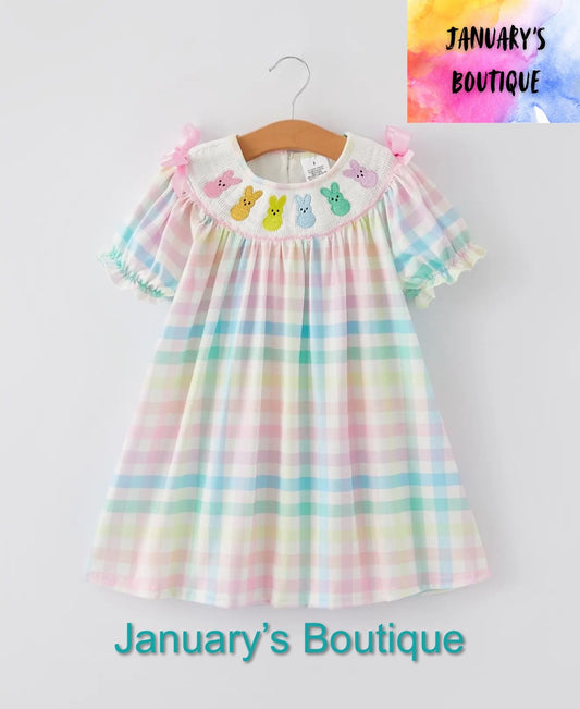 Girl’s Easter Bunny Embroidery Plaid Dress
