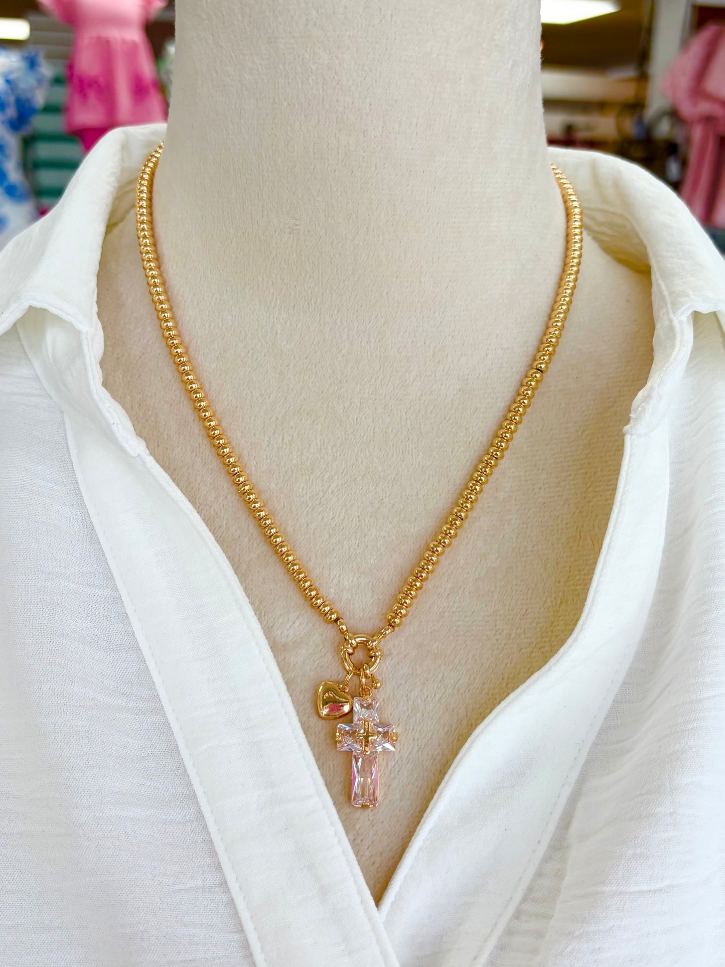 KK Gold Crystal Cross Charm Necklace
