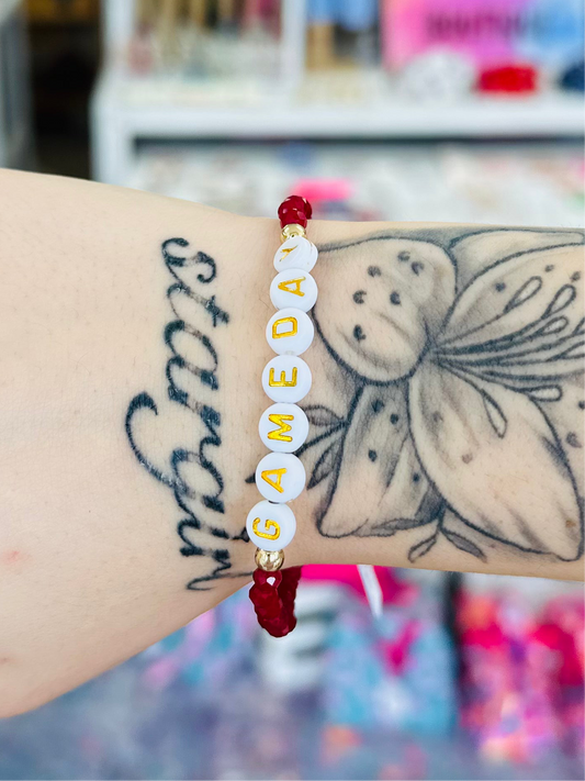 Crimson, Gold Faceted Beaded Bracelet with "Gameday"