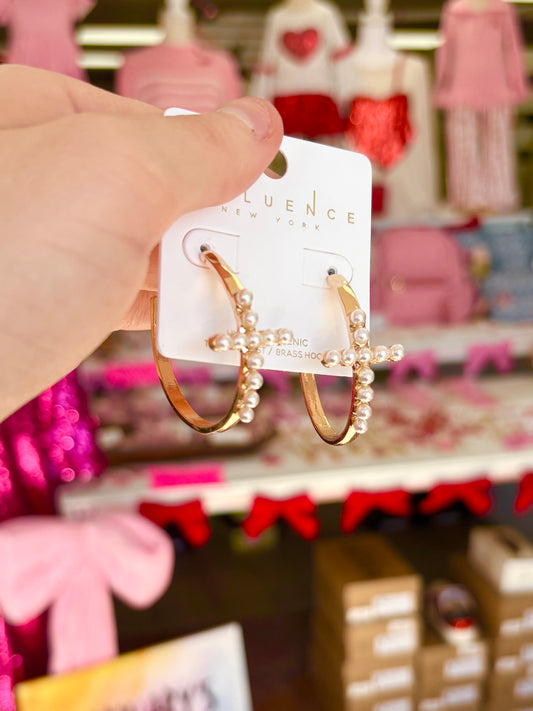 KK Gold Pearl Cross Hoops