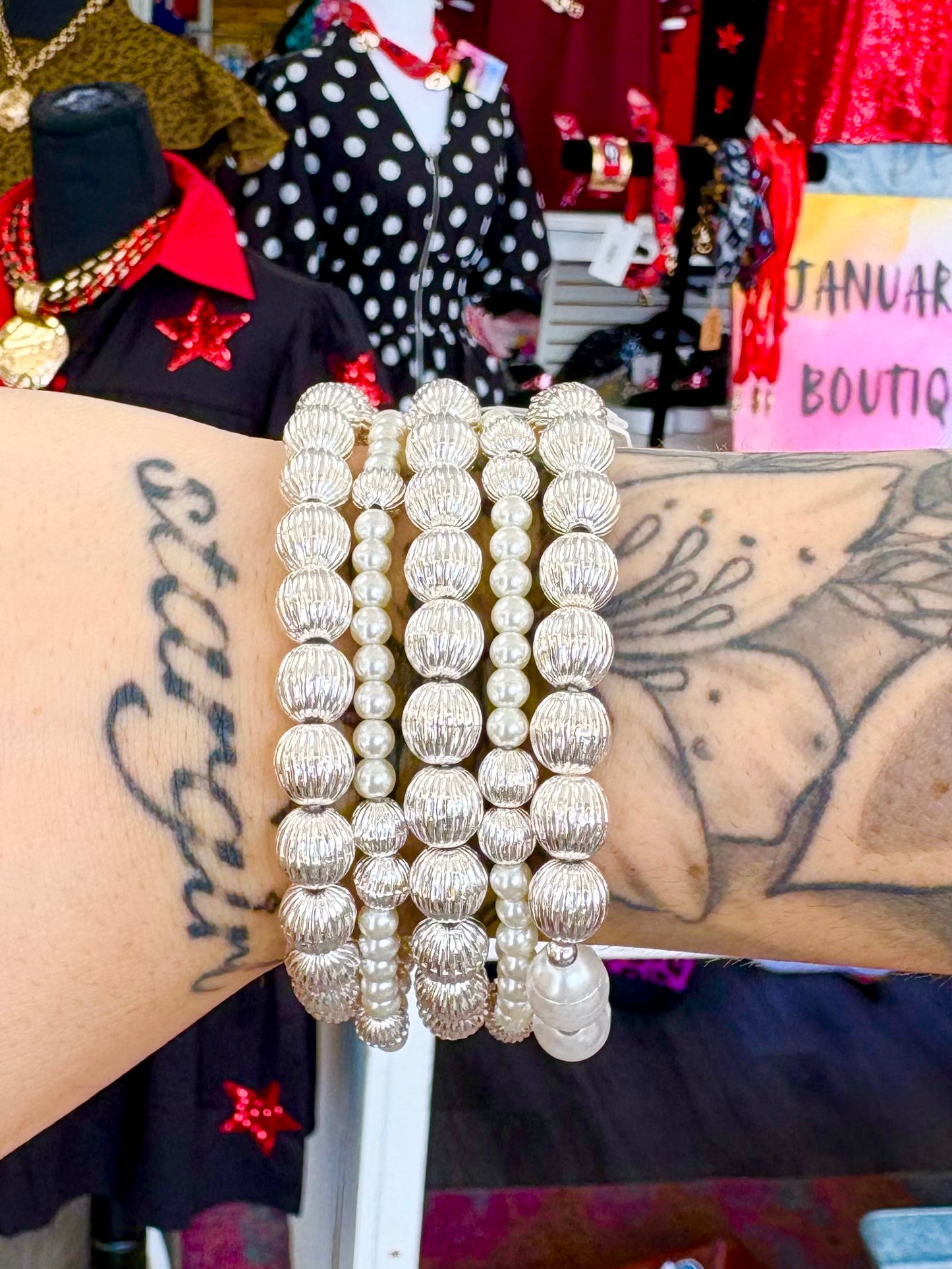 Matte Silver Textured Beaded Bracelet Set